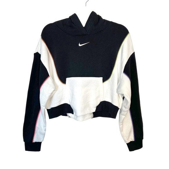Nike Tops - Women's Medium Nike Oversized Neon Stitch Fleece Cropped Hoodie Black White